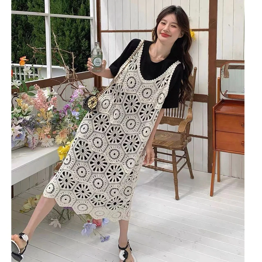 【现】#6044法式镂空针织吊带女2024复古气质宽松连衣裙