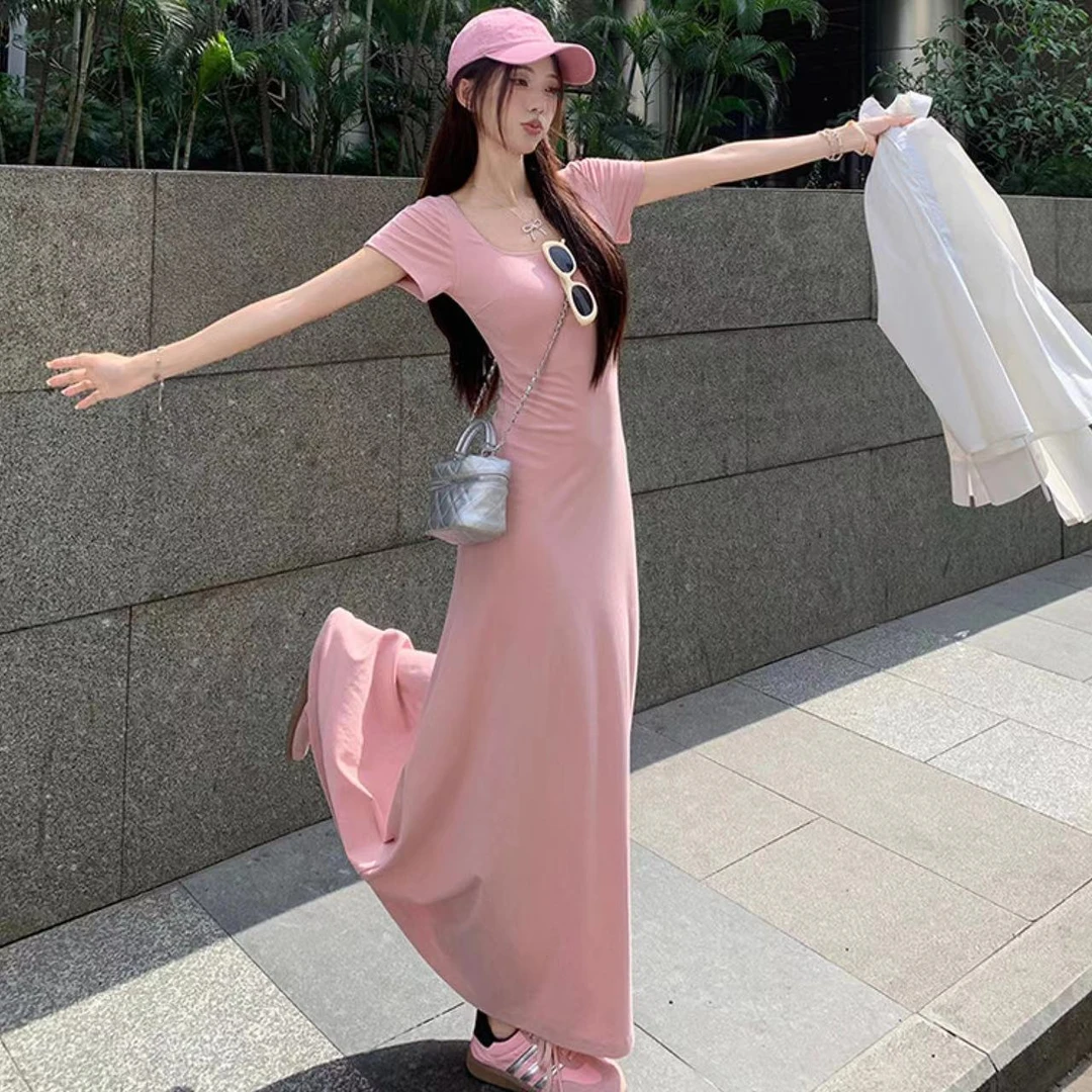 #9561纯欲风简约百搭连衣裙女夏季辣妹带气质方领收腰显瘦A字长裙