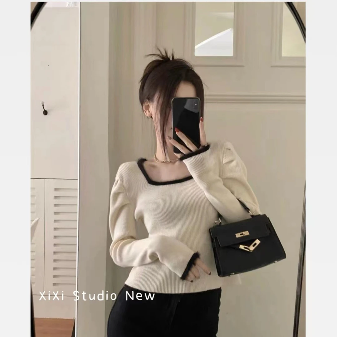 【现】蔷薇～#736法式方领拼接毛边撞色针织衫