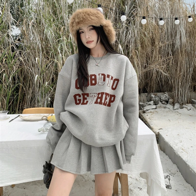 ②苏木~#1224新款复古减龄字母印花卫衣+高腰百褶裙加绒两件套