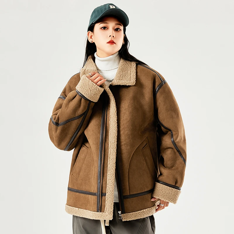 男士时尚休闲百搭毛呢加厚羊羔绒皮毛一体皮绒复合颗粒绒棉衣