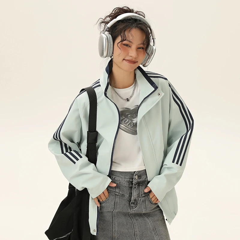 春秋夹克短款户外情侣春季风条纹设计防风袖复古立领休闲外套百搭