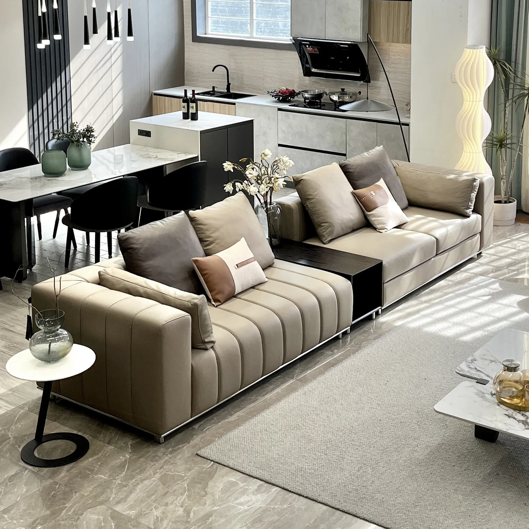 时尚钢琴键直排头层牛皮沙发轻奢极简意式现代横厅脚踏别墅