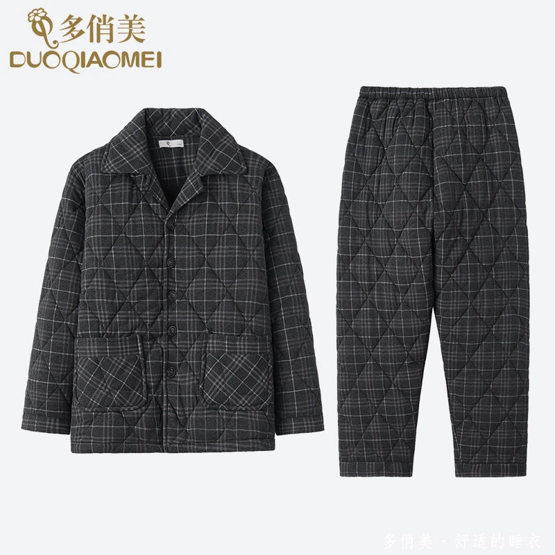 纯棉夹棉男士睡衣秋冬季格子保暖加厚三层冬款中年全棉家居服套装