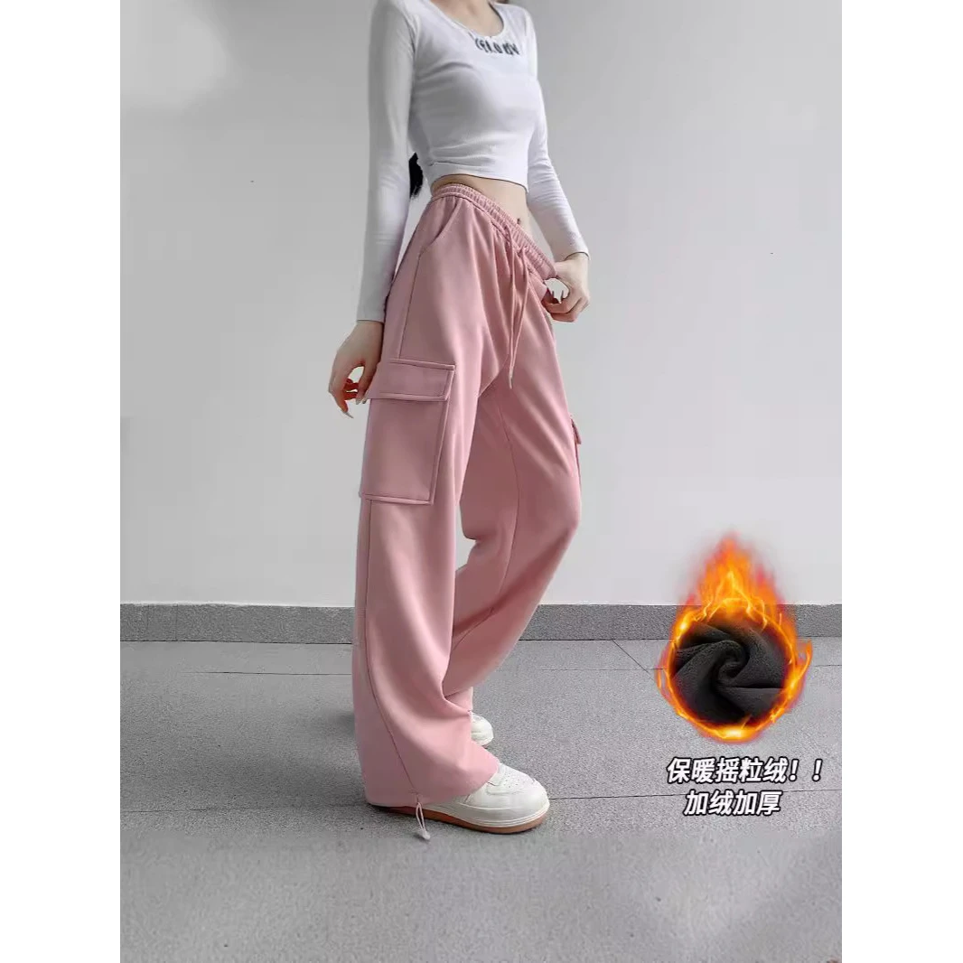 灰色工装裤女秋冬新款加绒加厚休闲裤阔腿百搭卫裤小个子保暖裤子