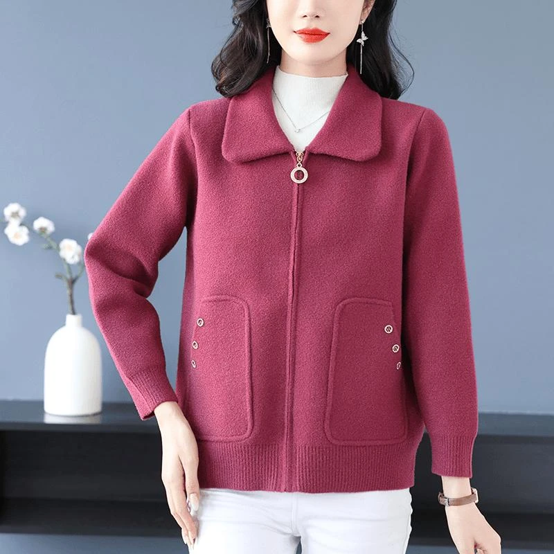 纯色时髦毛呢外套宽松外搭拉链开衫洋气百搭中老年针织衫2024新款