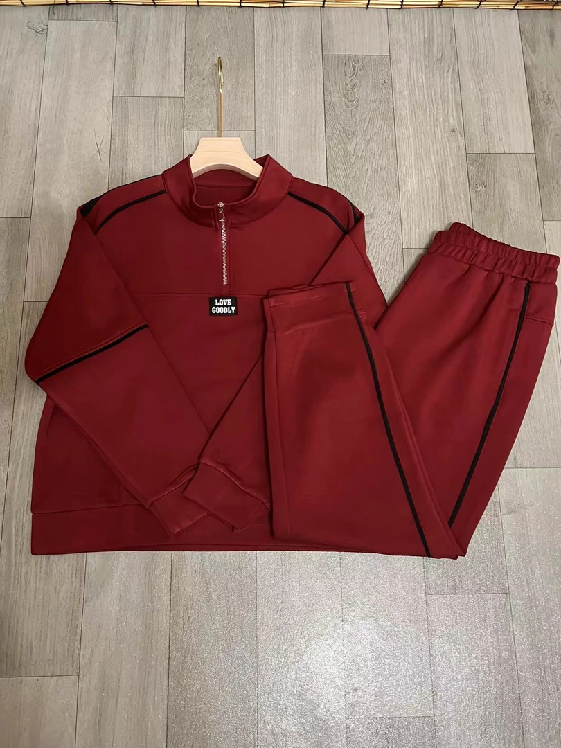 6618#爆款时尚潮流运动休闲带条半拉链套装