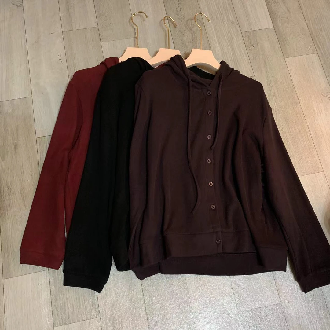 23279#休闲连帽宽松遮肉设计感单排扣长袖澳绒开衫