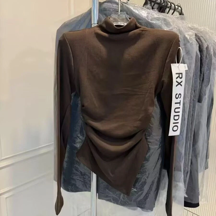 莫代尔2025秋冬新款韩版舒适半高领打底衫上衣侧开叉长袖T恤女潮