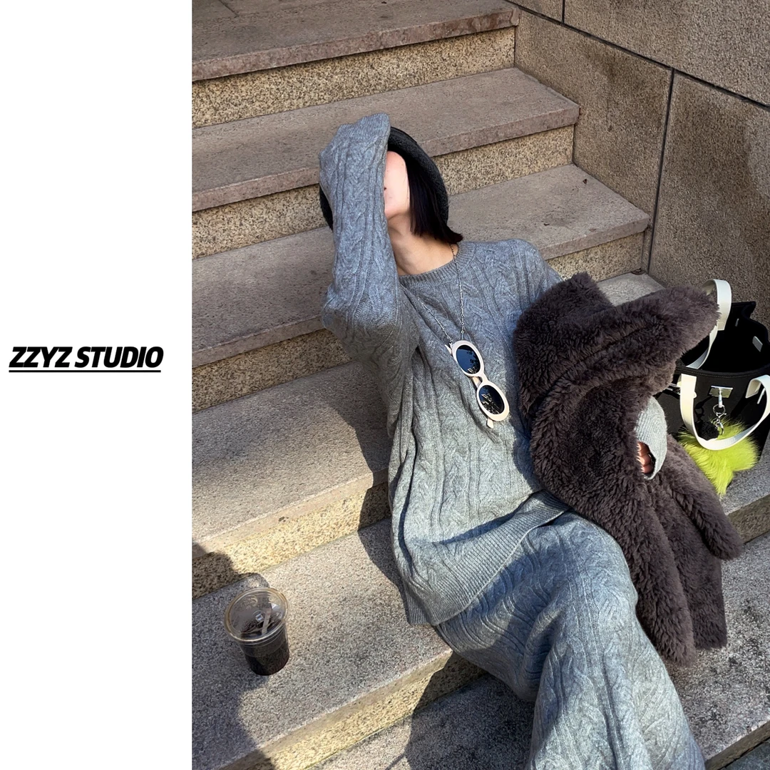 【ZZYZ】“雪松奶贝”复古绞花圆领宽松慵懒毛衣➕针织直筒半身裙