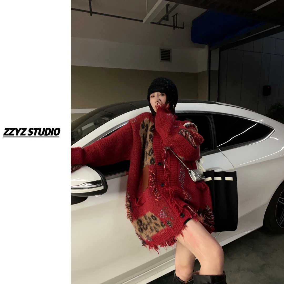 “重工皮标”破碎流苏加厚撞色毛衣宽松松弛感开衫外套