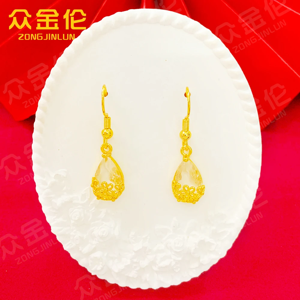 众金伦 铜合金耳饰 气质轻奢款【花纹水滴石耳钩】