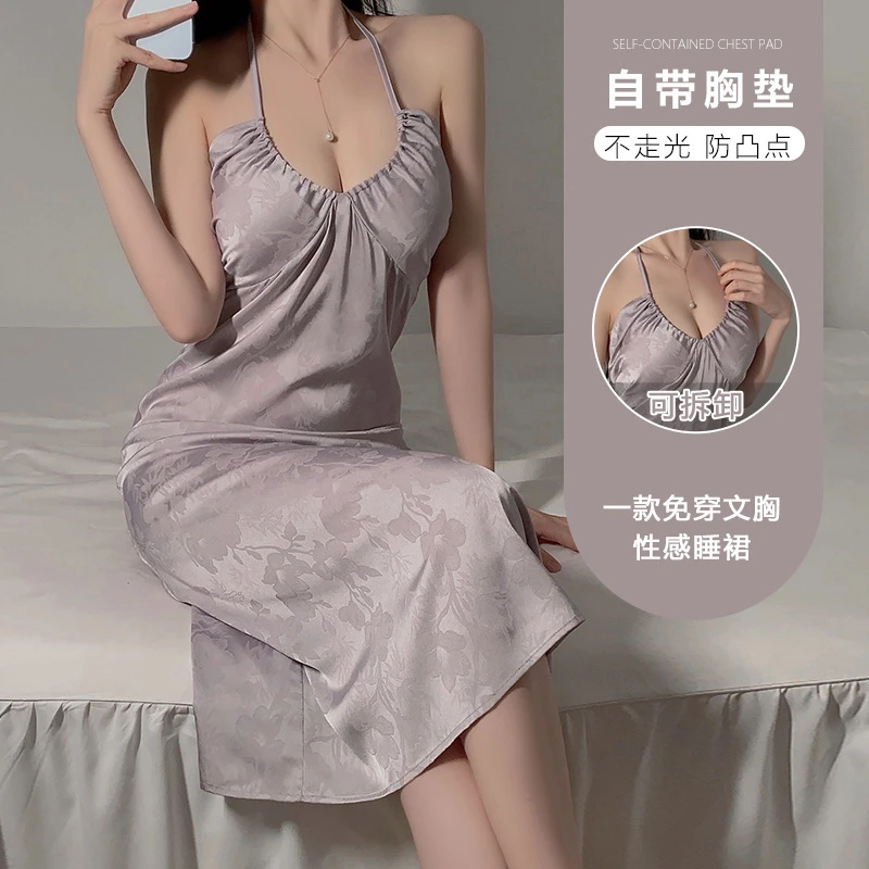 缎面提花古典唯美性感挂脖加胸垫聚拢诱惑修身家居服睡裙蕾丝法式