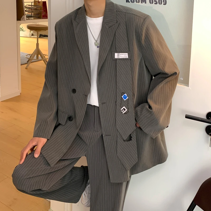 港风西装套装男新款韩版条纹潮流ins西服休闲宽松西裤两件套男生