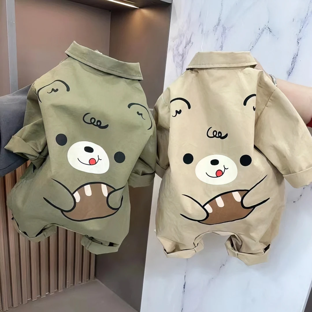 【咪吃面包的小熊】春秋款婴幼儿工装风韩版卡通洋气翻领印花连体