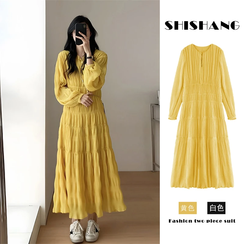 大码女装微胖温柔风雪纺长款连衣裙女a字裙胖mm遮肚长袖秋装长裙