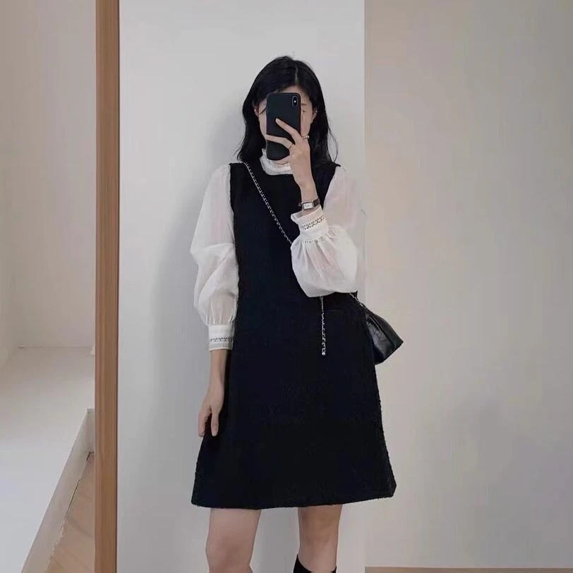 大码女装法式背心连衣裙高级感秋装新款宽松显瘦甜美上衣背带裙