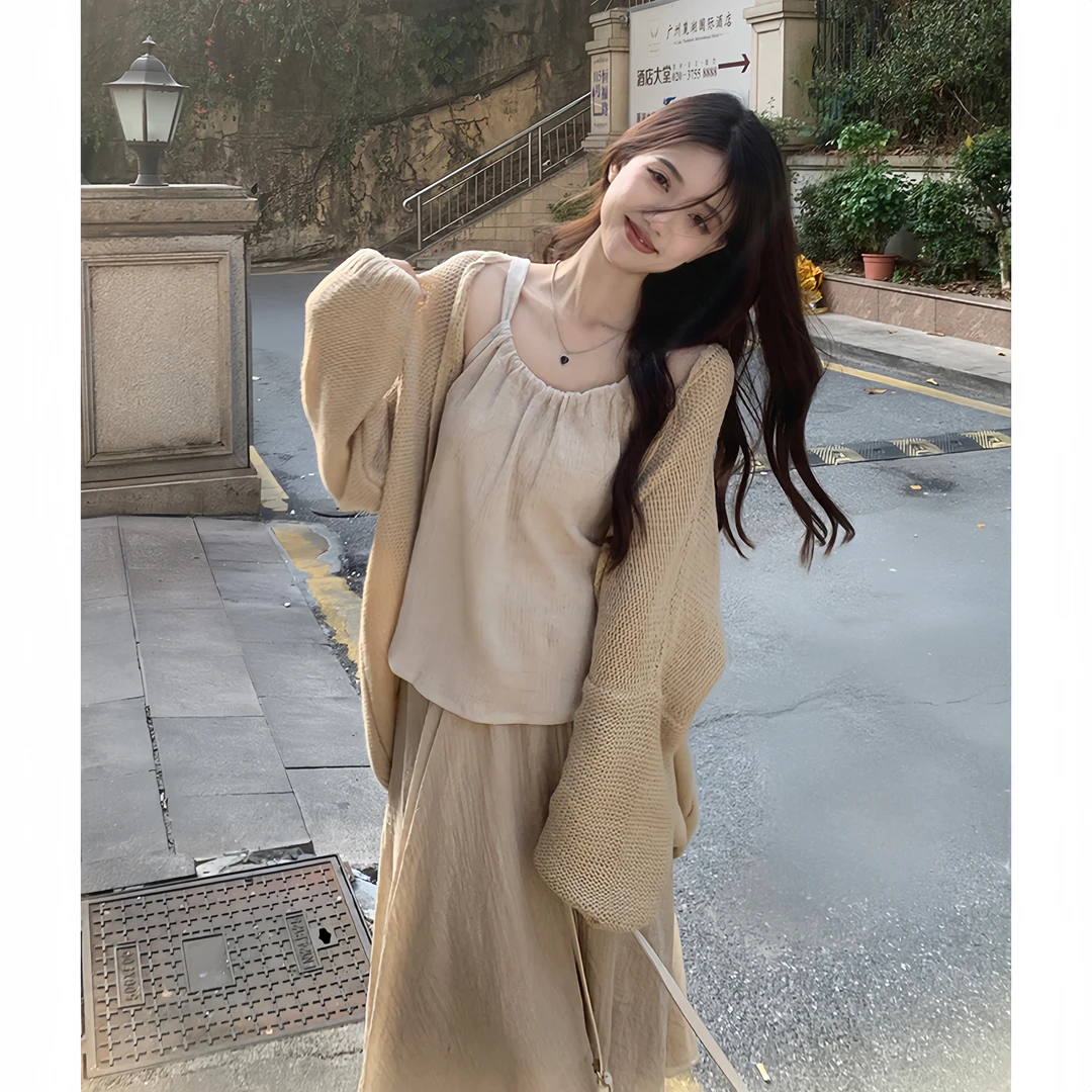 大码女装法式针织开衫毛衣外套吊带上衣2025秋季新款半身长裙春秋