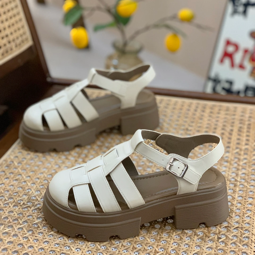 包头凉鞋女2025新款夏季镂空编织透气罗马凉鞋看球厚底沙滩猪笼鞋