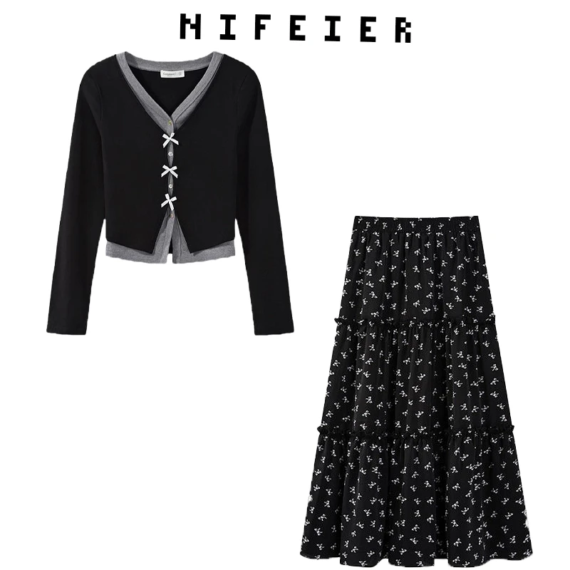 秋冬季新款套装女复古假两件撞色V领针织衫显瘦碎花半身裙两件套