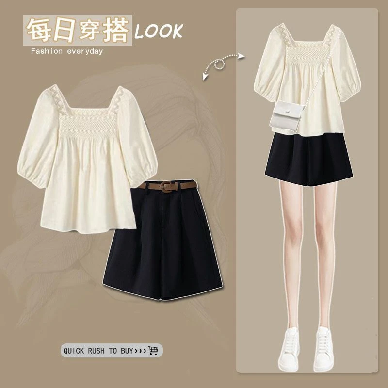 大码女装夏季套装2025新款泡泡袖洋气衬衫上衣显瘦休闲短裤两件套