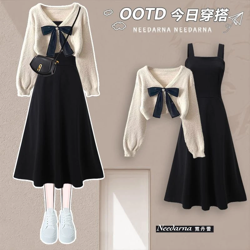 秋冬套装女2025新款洋气穿搭蝴蝶结毛衣显瘦百搭吊带连衣裙两件套