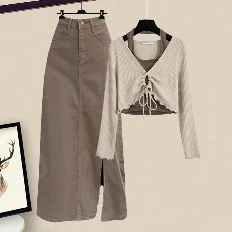 春季套装女2025新款设计感假两件长袖上衣配显瘦牛仔半身裙两件套