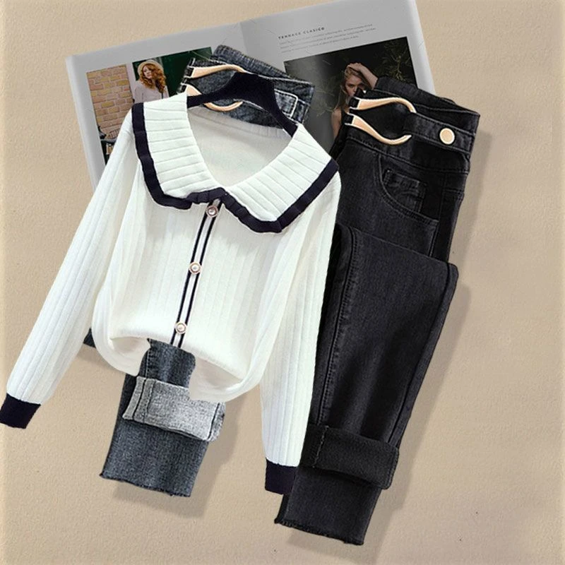 大码女装秋冬季套装女2025新款减龄针织毛衣显瘦百搭牛仔裤两件套