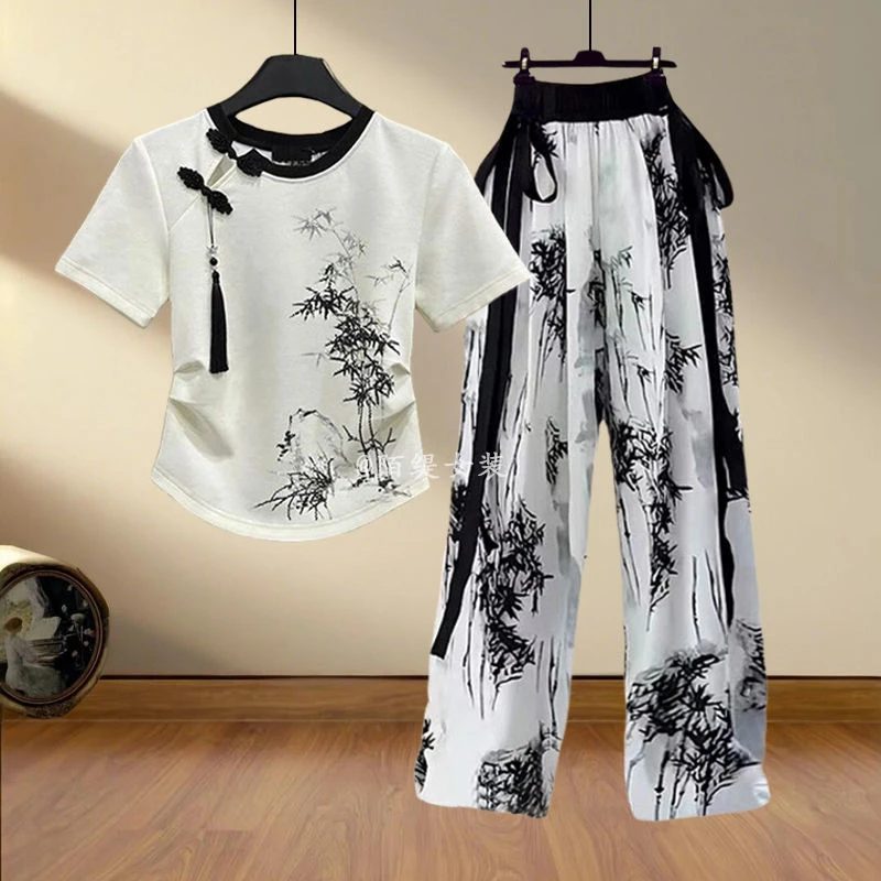 新中式女装穿搭一整套2025新款改良汉服短袖上衣国风休闲裤两件套