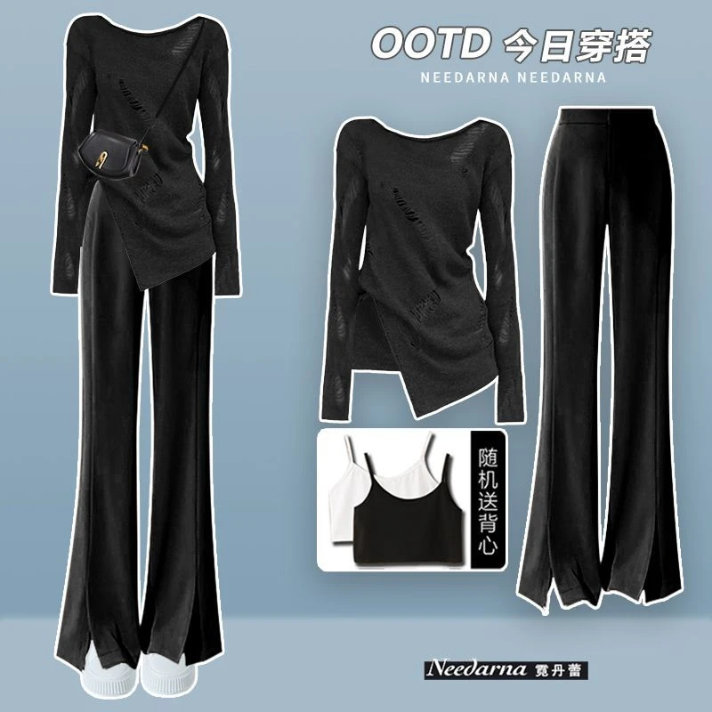 春季套装女2025新款女装港风高级感辣妹针织衫显瘦休闲裤两件套潮