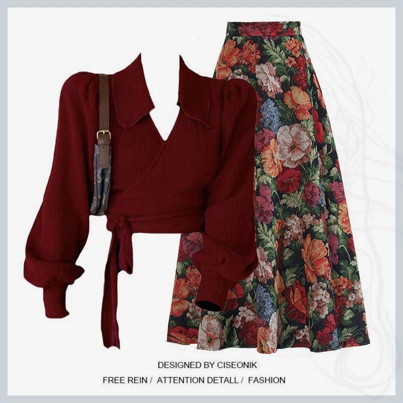 【品质专属】高级感翻领酒红色上衣女搭配复古半身裙胖mm显瘦两件套