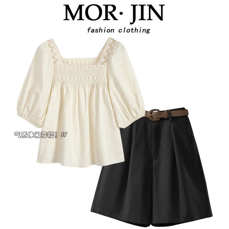 夏季套装2024新款大码女装短袖衬衫上衣显瘦设计感休闲短裤两件套