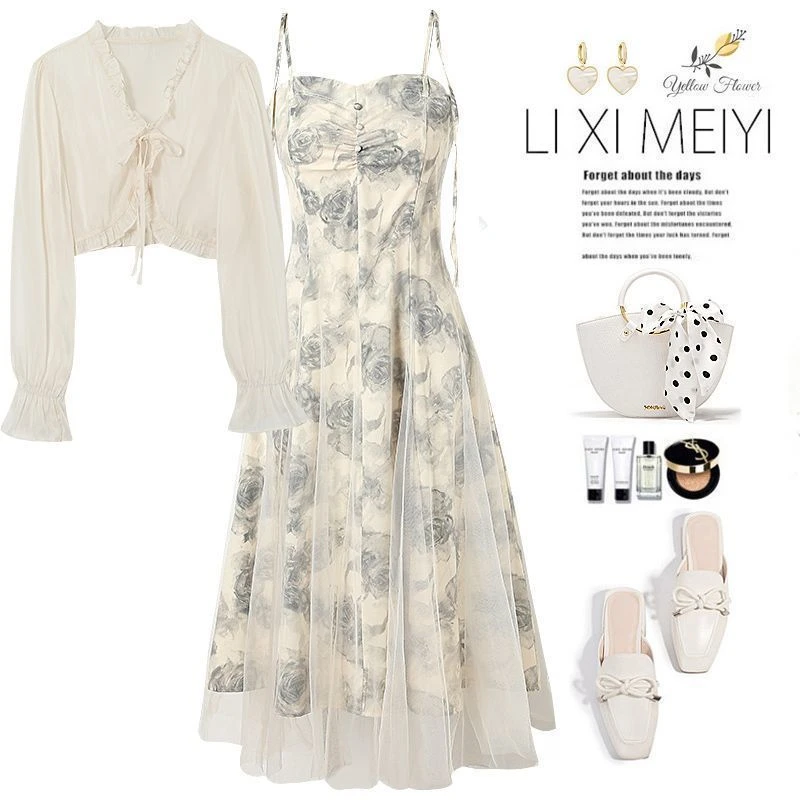 夏季套装女2025新款大码女装防晒衬衫上衣配显瘦碎花吊带裙两件套