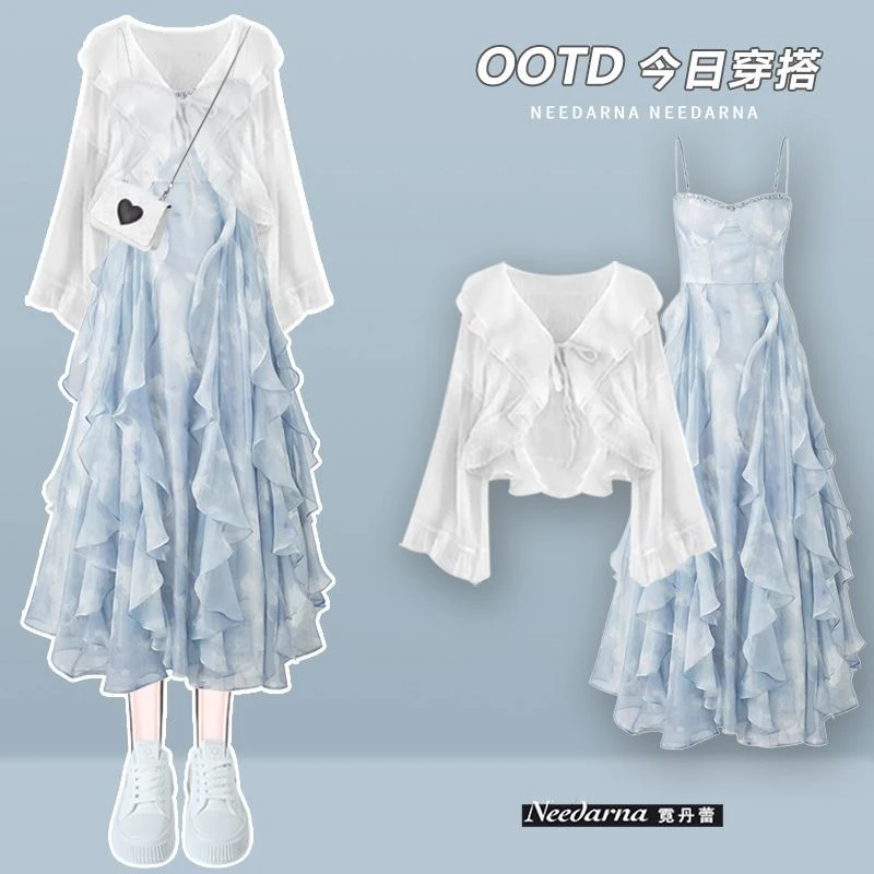 夏季套装女2025新款大码女装防晒衬衫上衣配显瘦吊带连衣裙两件套