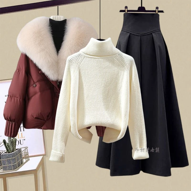 秋冬穿搭一整套女装2025新款大码棉服外套配毛衣高腰半身裙三件套