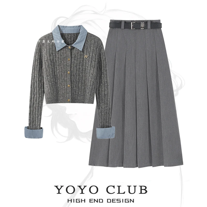 【品质专属】秋季套装女学院风Polo领针织毛衣显瘦半身裙两件套0172