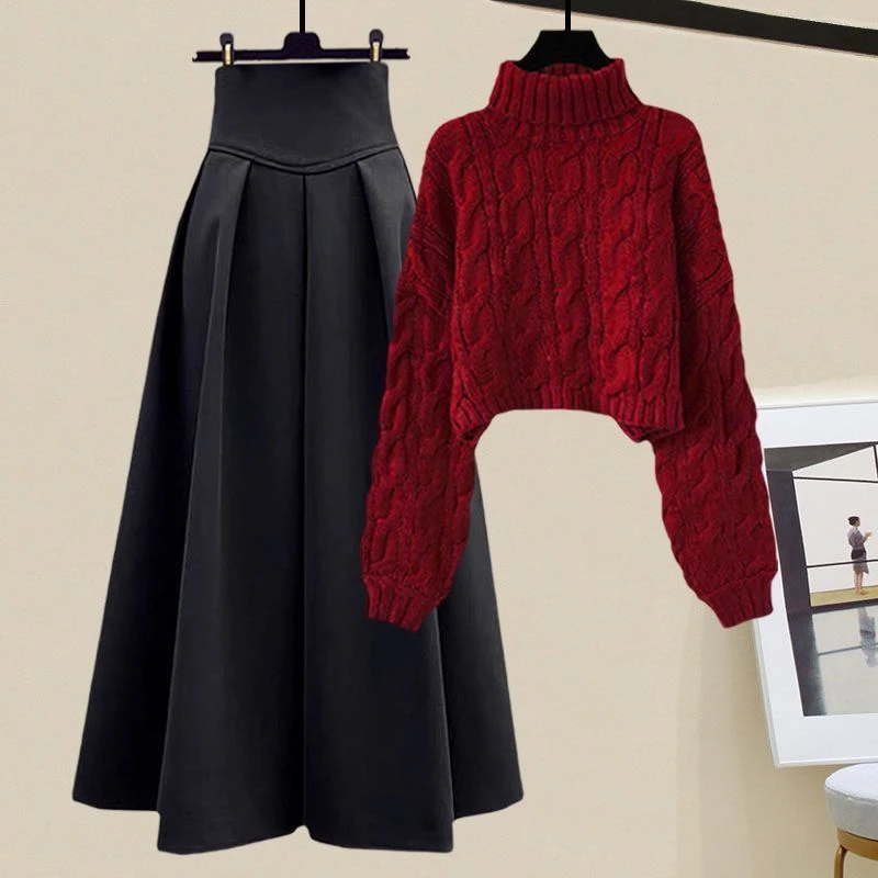 秋冬穿搭一整套女装2025新款时尚大码高领毛衣配半身裙显瘦两件套