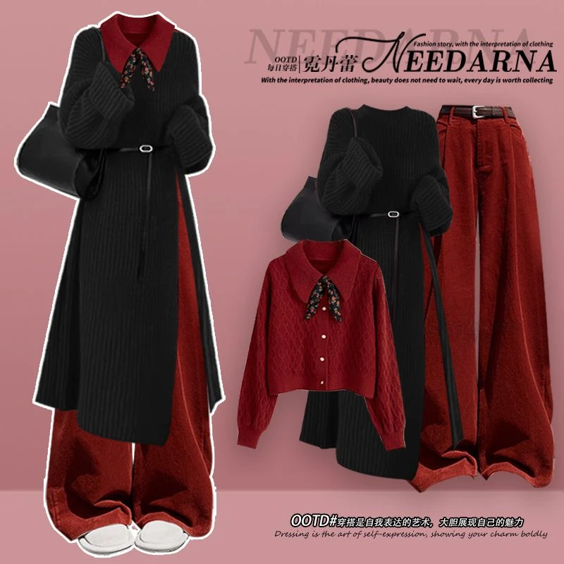 冬季套装女2025新款高级感长款毛衣气质显瘦休闲裤圣诞穿搭一整套