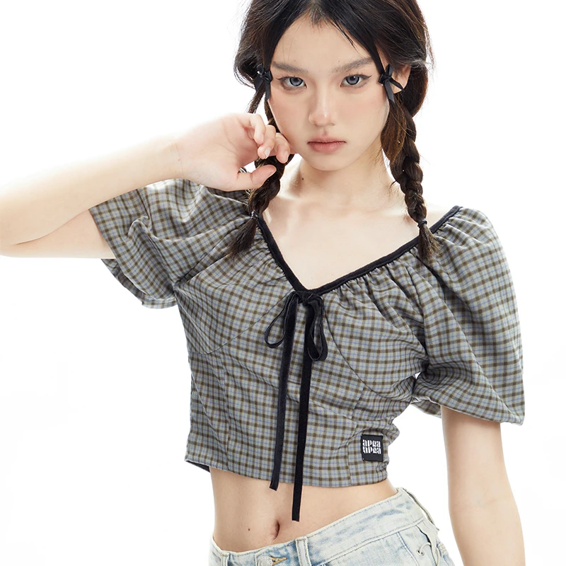 APEA2023夏芭蕾风蝴蝶结泡泡修身显瘦格纹袖衬衣女YC-TPW23S1417