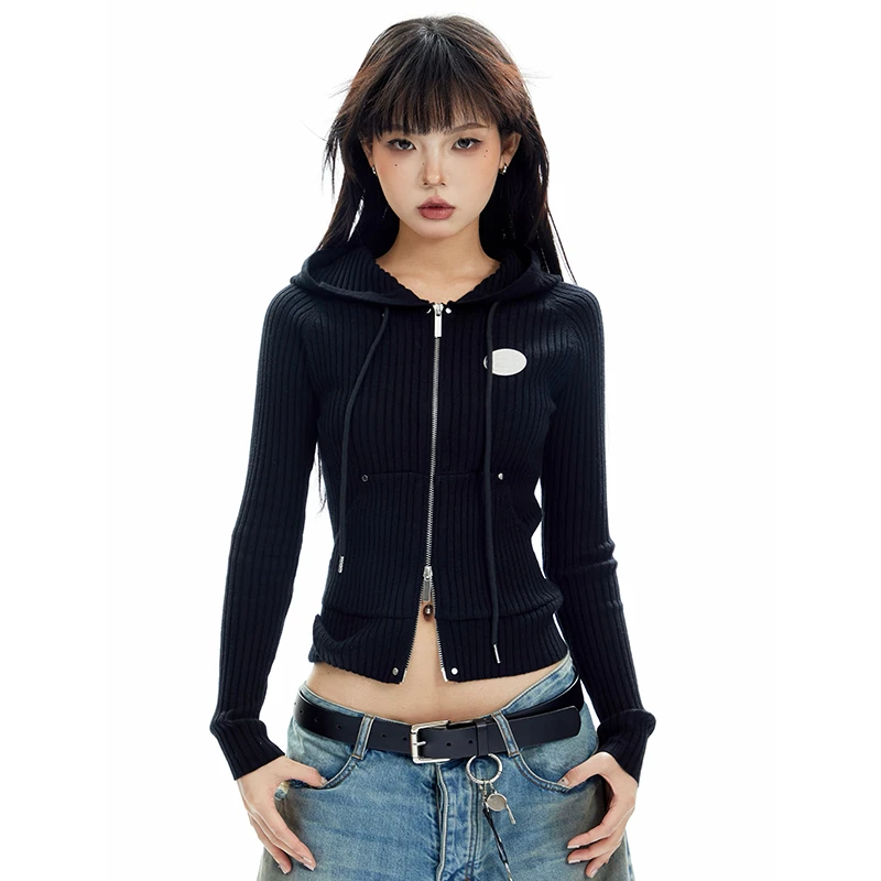 APEA【920】长袖针织上衣女双拉链短款修身显瘦连帽开衫毛衣外套