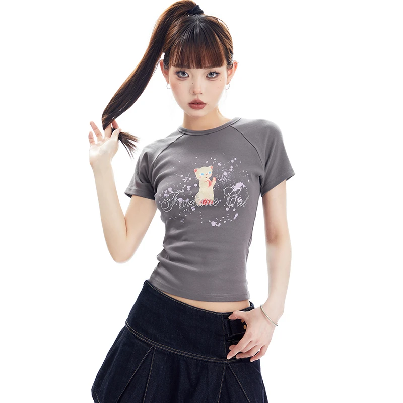 APEA多巴胺穿搭泼墨小猫图案烫钻无袖背心女修身圆领插肩短袖T恤J