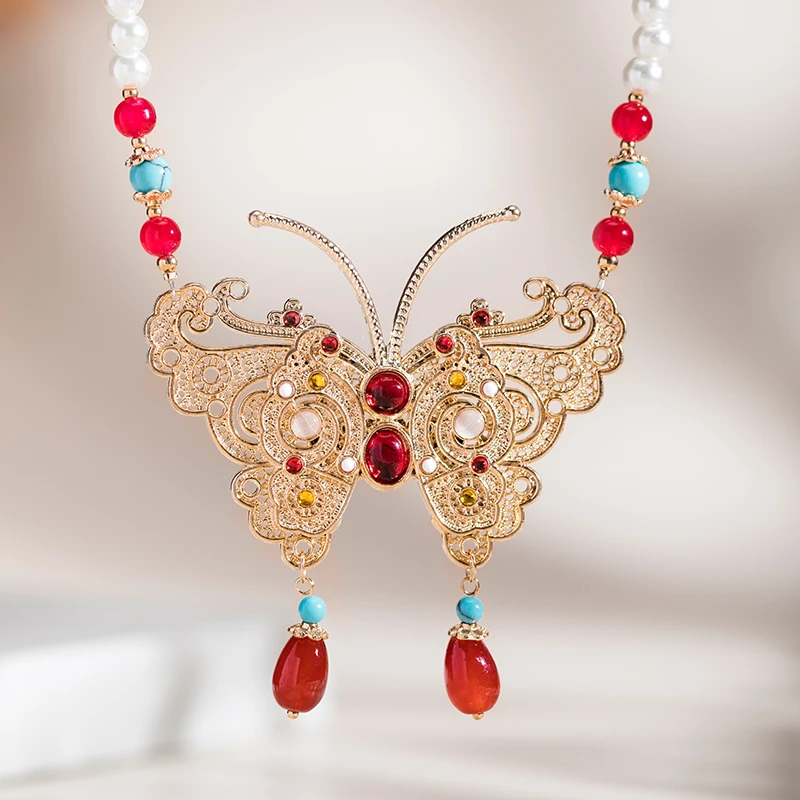 合金仿珍珠项链 古风项链女汉服配饰蝴蝶软璎珞