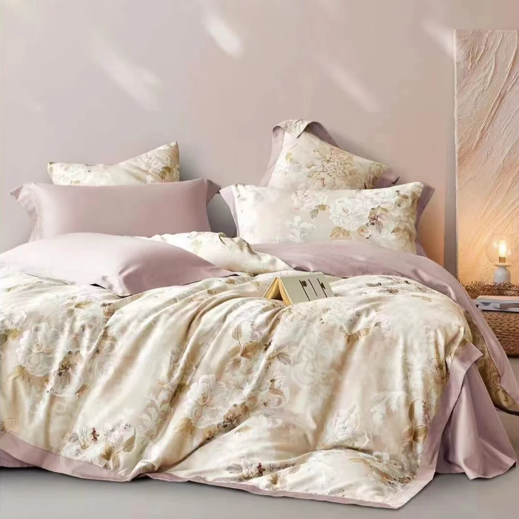 C7124 纯棉100s匹马棉数码印花四件套 采薇灰200*230轻奢软装时尚