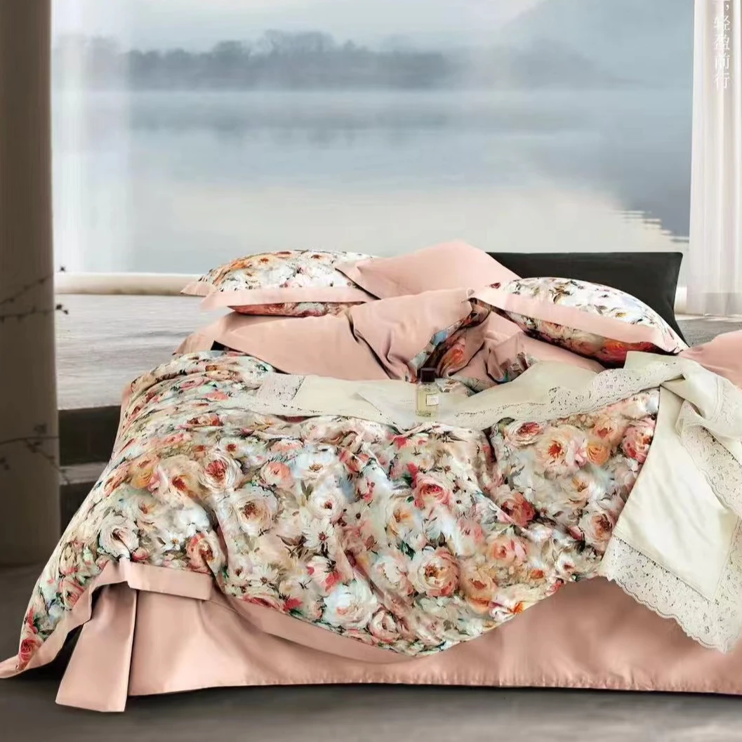 C7132 纯棉100s匹马棉数码印花四件套 感棉粉200*230轻奢软装时尚