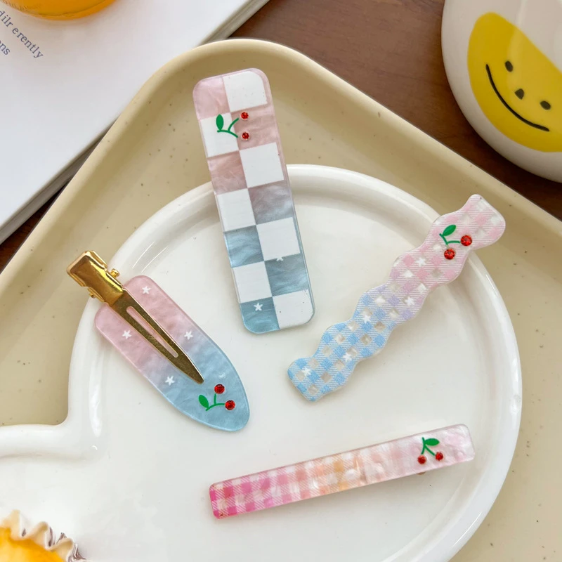 蓝粉渐变棋盘格樱桃发夹甜美少女百搭刘海侧边碎发夹少女心发饰Z