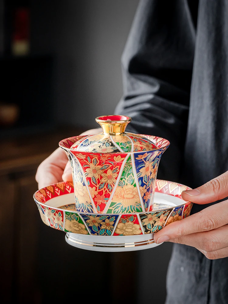 宫廷风珐琅彩三才高档盖碗茶杯掐丝金银错陶瓷大号泡茶碗茶具送礼