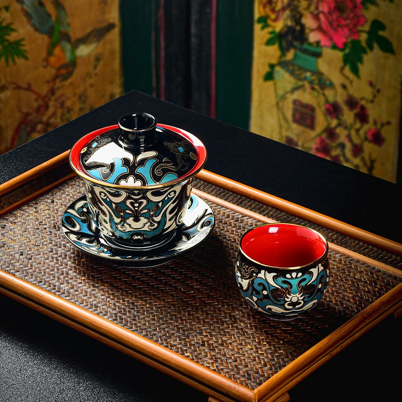 金银错盖碗中国风饕鬄纹陶瓷三才盖碗家用功夫茶具泡茶器敬茶碗