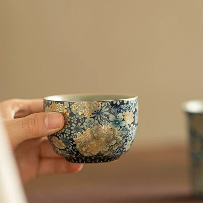 豆青汝窑牡丹茶杯开片可养陶瓷功夫茶具主人杯个人品茗杯单杯描金