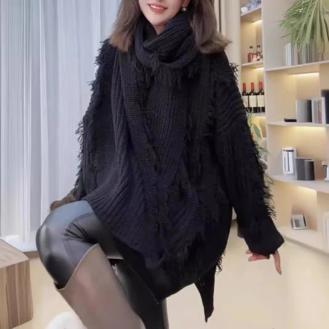 欧货2024秋冬新款重工流苏v领带围巾两件套毛衣女