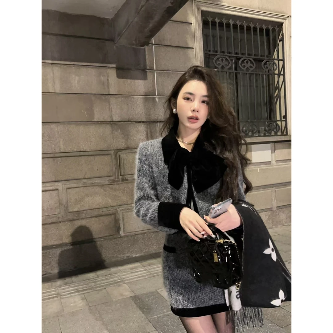 名媛甜辣小香风套装裙女2024新款高级感毛呢短外套半身裙女两件套